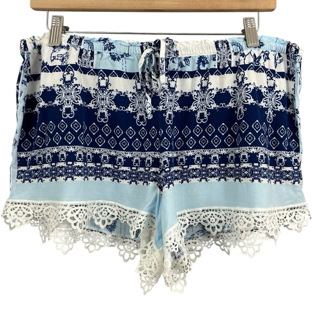 Crochet Blue and White Boho Trim Shorts Size XL
